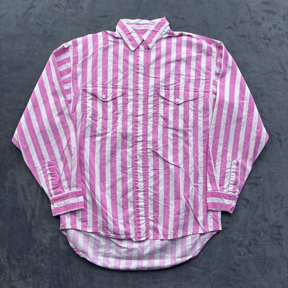 Vintage At Last New York Pink White Striped Cotton Button Down Shirt Medium